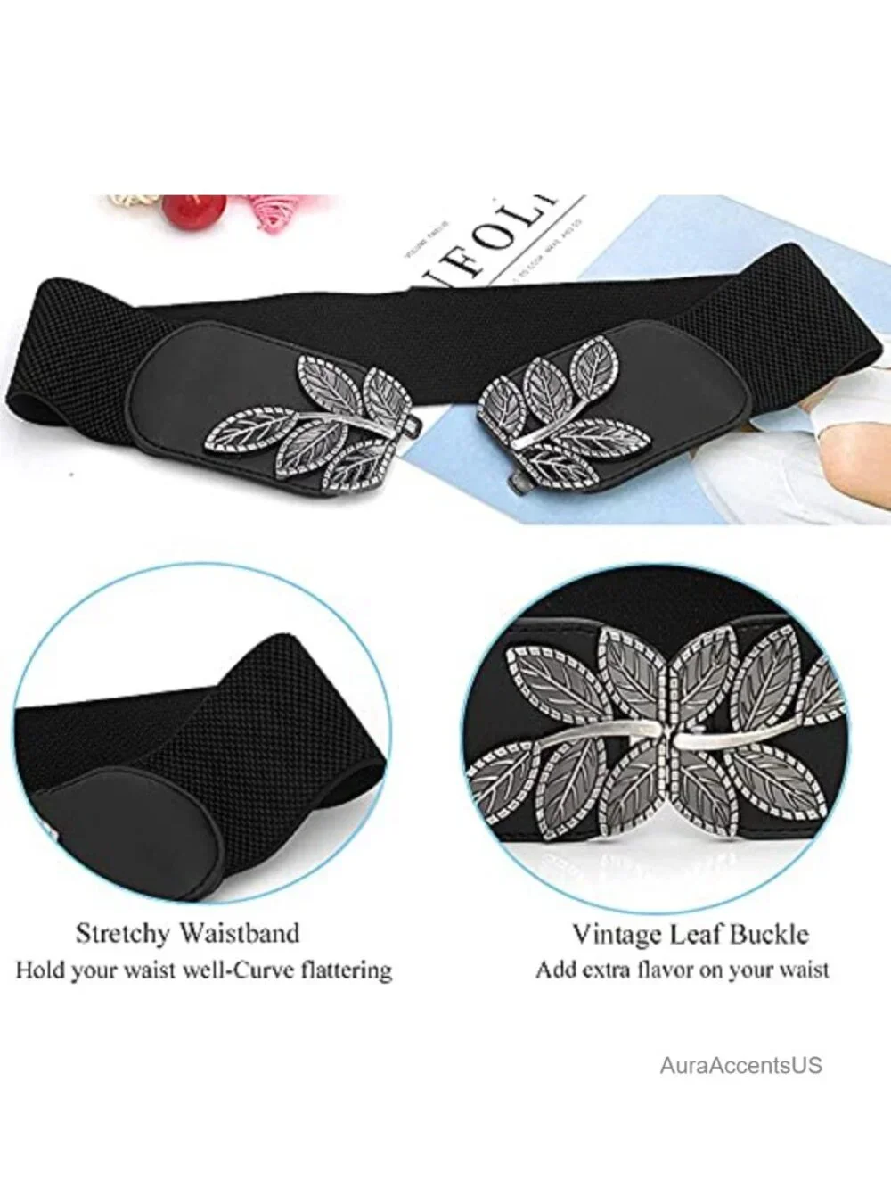 Stretchy Waist Belt with Gold/Silver Leaf Buckle